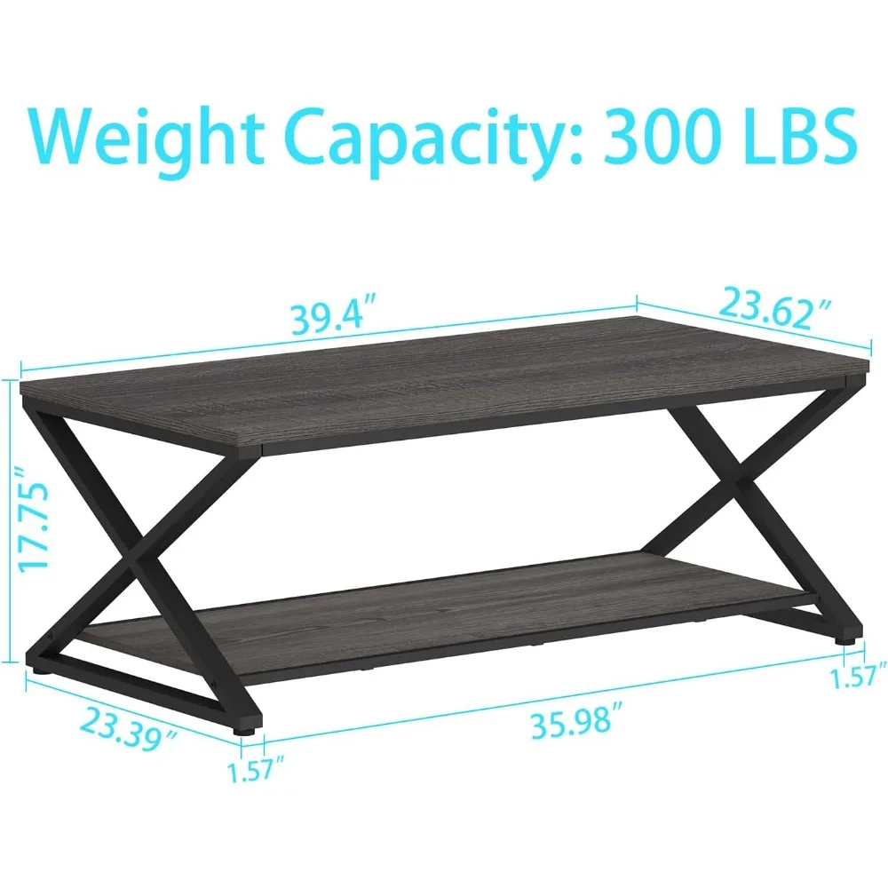Coffee Table Modern Center Table for Living Room with Display Shelf, Simple Metal Wooden Rectangle Cocktail Tea Café Table