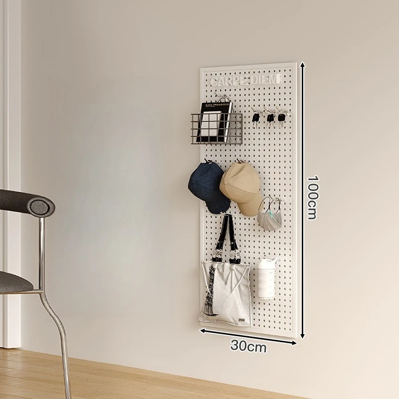 living room, hole board, shelf, whole wall, storage, entrance door, hanging board