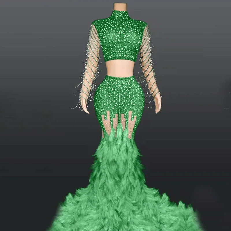 หลากสีเพลส ไดมอนด์ชุดยาวเซ็กซี่ขนยาวชุดราตรีวันเกิดเฉลิมฉลองชุดผู้หญิงเวทีชุดราตรี XS5035