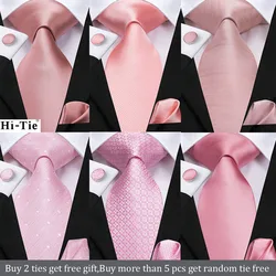 Hi-Tie Silk Mens Tie Peachสีชมพูของขวัญเนคไทสำหรับผู้ชายแฟชั่นคุณภาพสูงHanky Cufflinkชุดปาร์ตี้