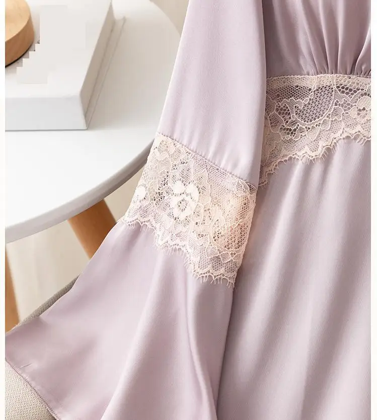 Summer Women Nightgown Dress V-Neck Sleepwear Lace Nightwear Bathrobe Long Sleeve Nightdress Satin Dressing Gown Loungewear