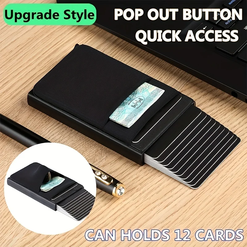 12 Cards Slim Aluminum Wallet With Elasticity Back Pouch ID Credit Card Holder Mini RFID Wallet Automatic Pop Up Bank Card Case