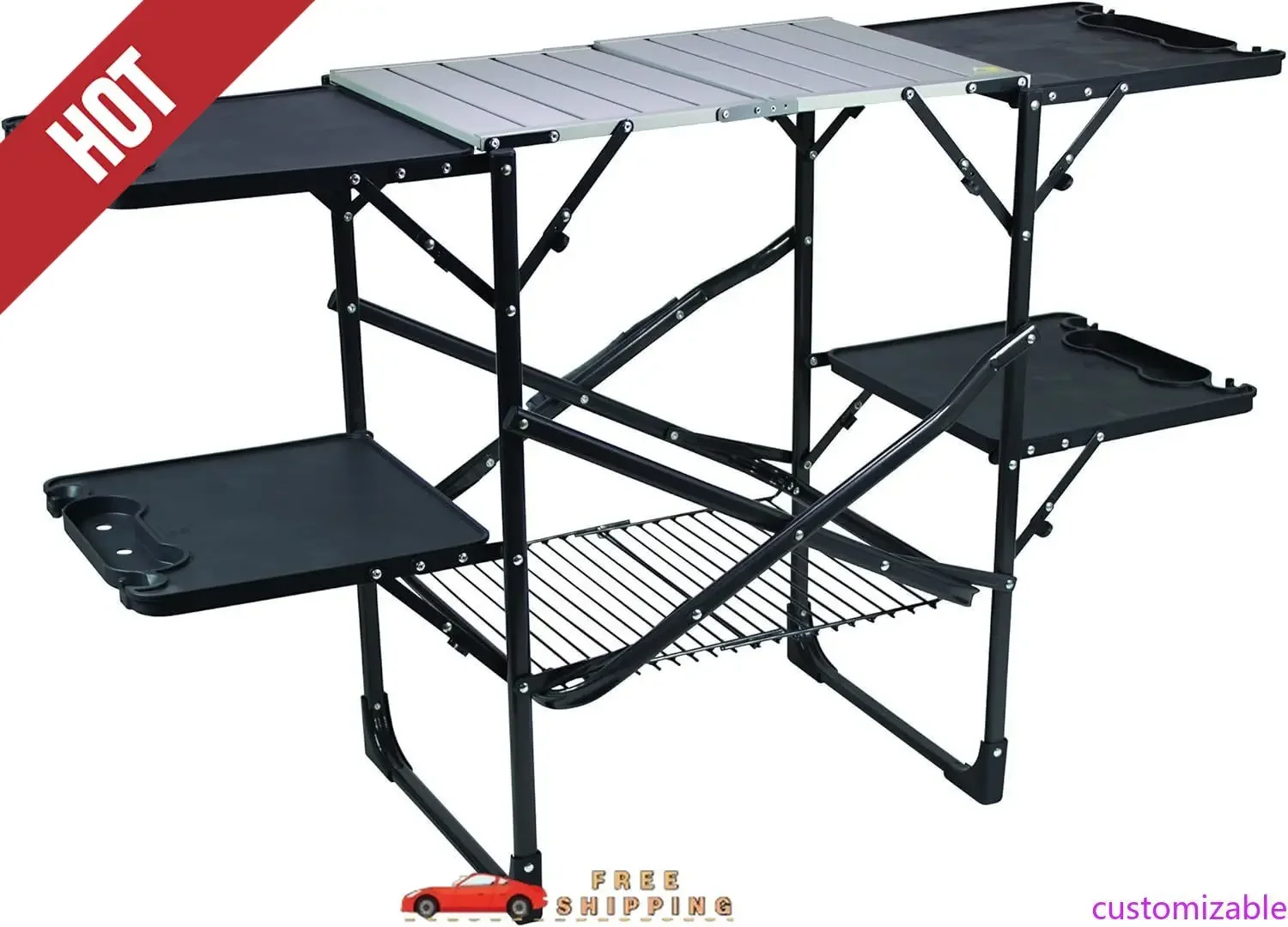 

Customizable Slim-Fold Cook Station | Portable Folding Kitchen Table with a Heat Resistant Tabletop, 4 Side Tables & Storage Rac