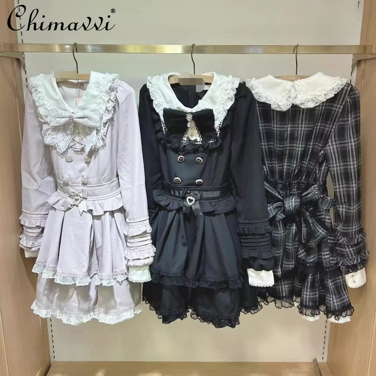 Liz japonês outono primavera nova dupla camada de renda emendada manga longa bonito vestido xadrez menina das mulheres doce arco lolita vestidos curtos