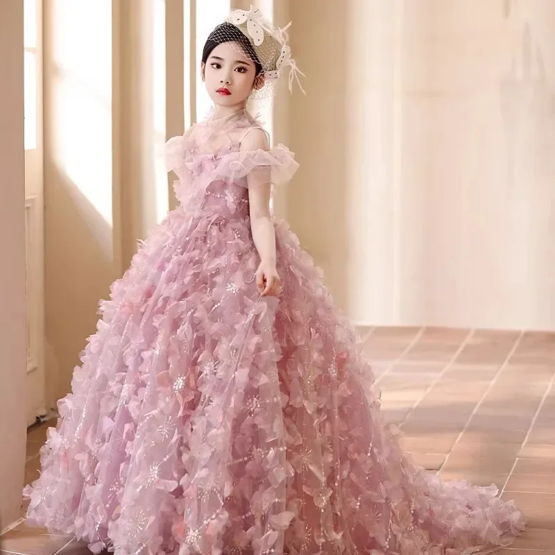 

Pink Flowers Girls Birthday Princess Dress Childrens Host Piano Performance Outfit Matching Clothes Kids Stage Pageant Show