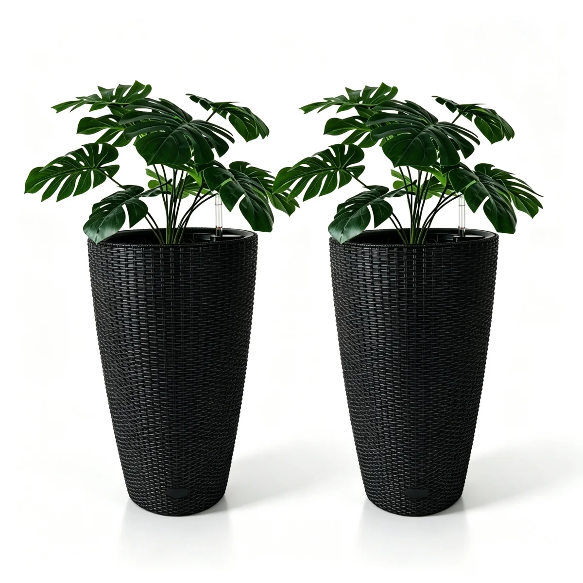 Set of 2 Faux Rattan Tall Planters Outdoor Indoor Large Planters with Water Level Monitor Inner Bucket, Automatic Watering, Flower Plant Pots for Garden, Patio, Porch, Backyard (Black, 22 inch )   WL RR