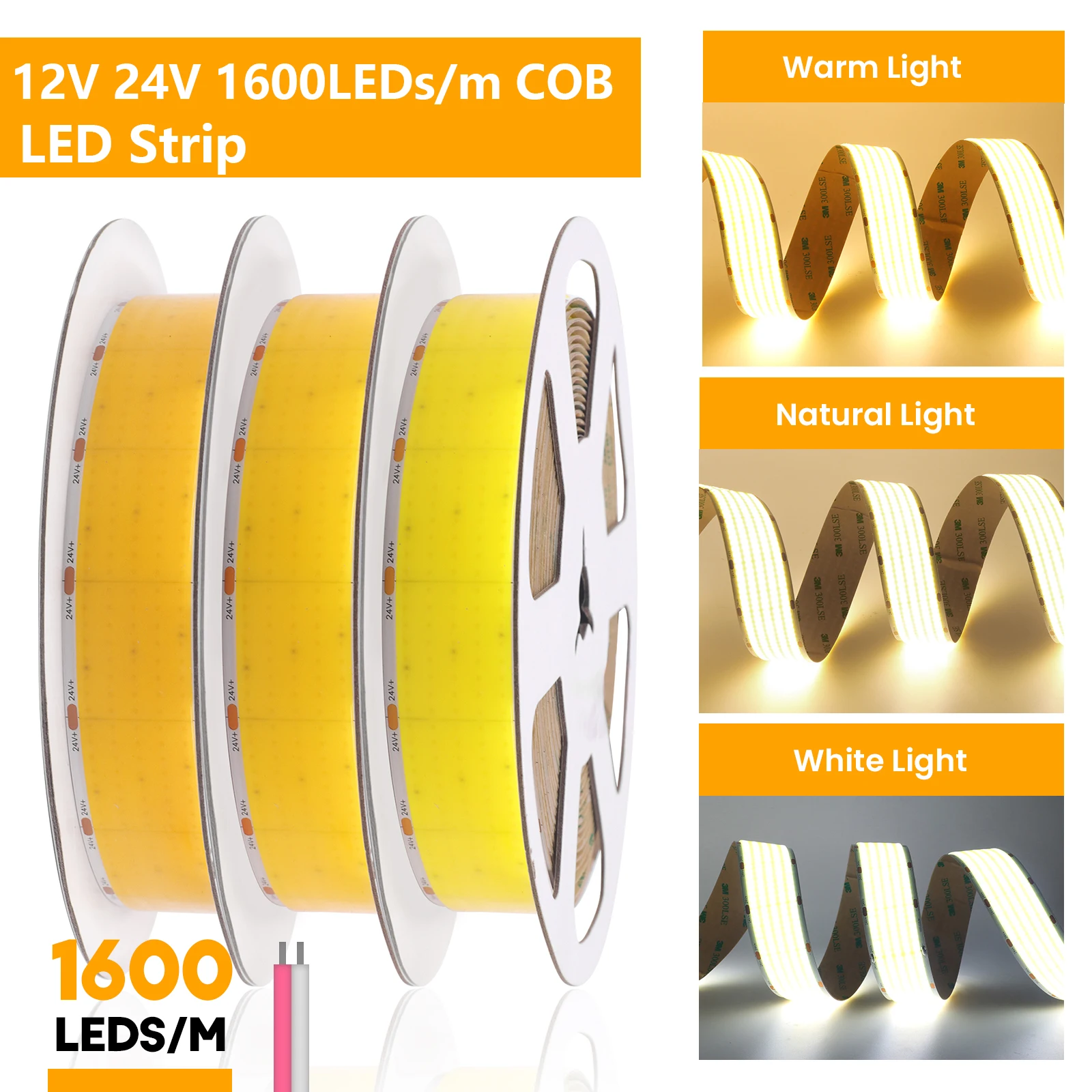 Ultra Bright COB LED Strip 12V 24V 600LEDs/m 1600LEDs/m High Density LED COB Strip White/Natural White/Warm White LED Strip