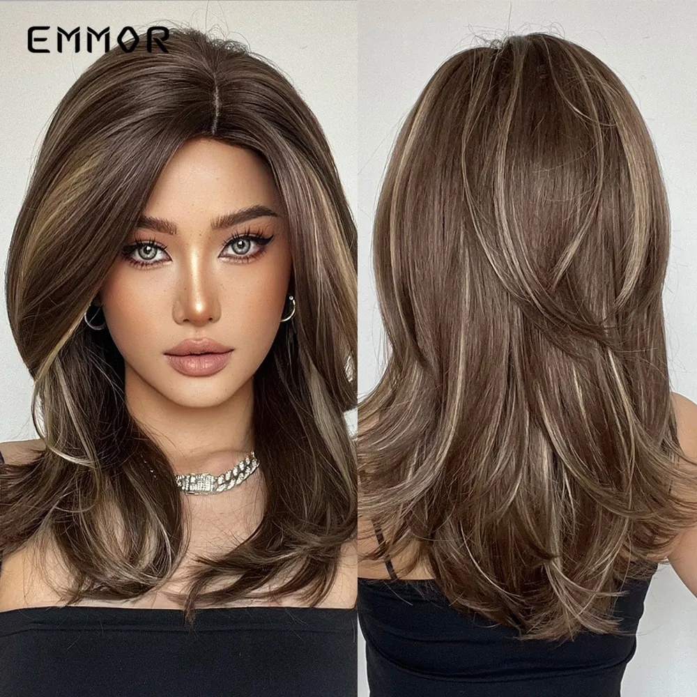 Emmor Synthetic Women\'s Long Wavy Wigs Brown with Blonde Wigs Natural Wavy Heat Resistant Wig for Women Party Fashion Wigs