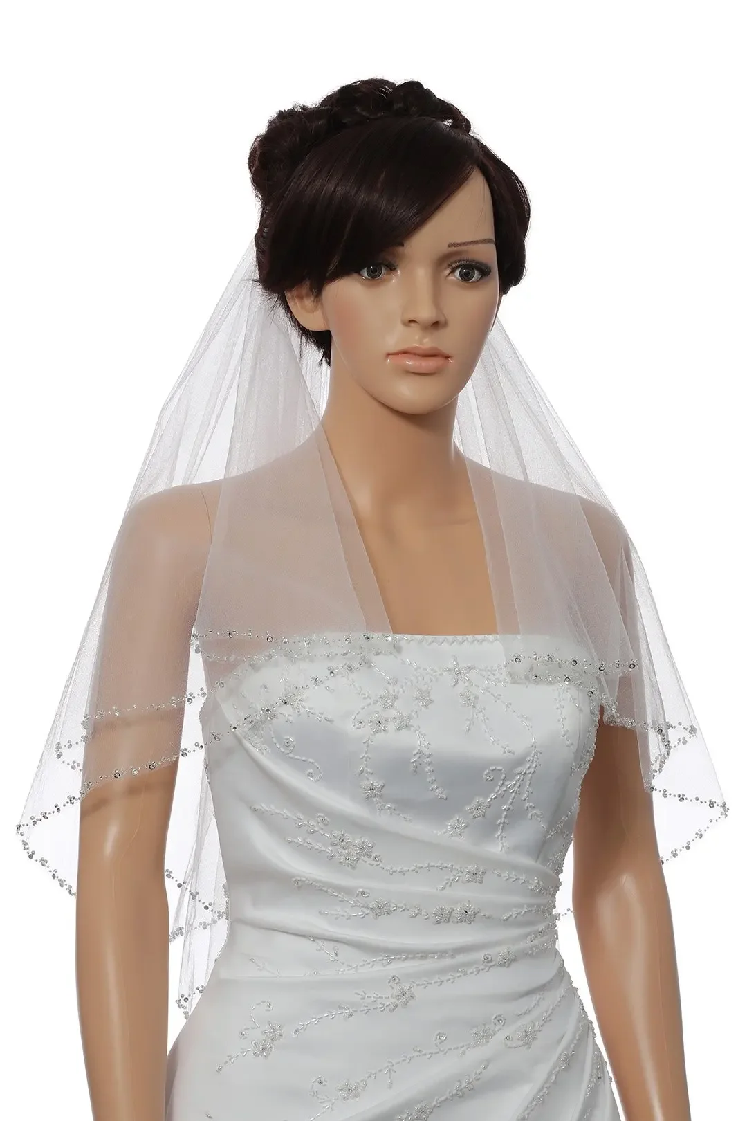 2T 2 Tier Silver Pearl Crystal Beaded Edge Bridal Veil 2022
