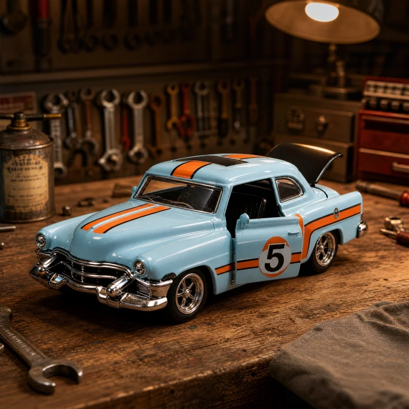 1/36 retro American classic alloy car model, pull-out die-casting vehicle, with removable doors, nostalgic striped old car toy,