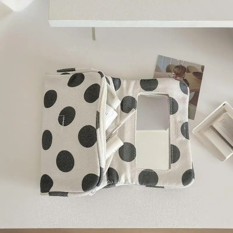 Große Kosmetiktasche mit Polka-Dots und eingebautem Spiegel, tragbare, faltbare Reißverschluss-Make-up-Tasche, Reise-Schönheits-Aufbewahrungs-Organizer für Frauen – Detail 13