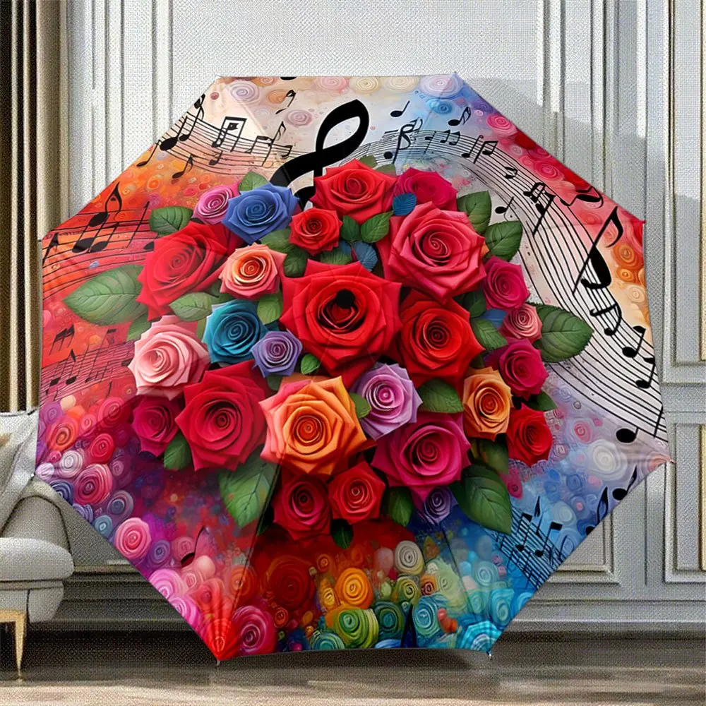 

Open/Close Folding Umbrella with 8-Rib Sturdy Frame - Pink & Red Rose & Music Note Design, Multicolor Spiral Pattern (Green/Ye