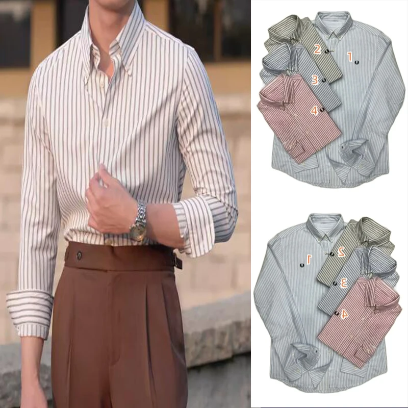 

2024 Solid Color Business Leisure Office Barley Embroidered Stripe Men's Oxford Cotton Long Sleeved Shirt Special Offer