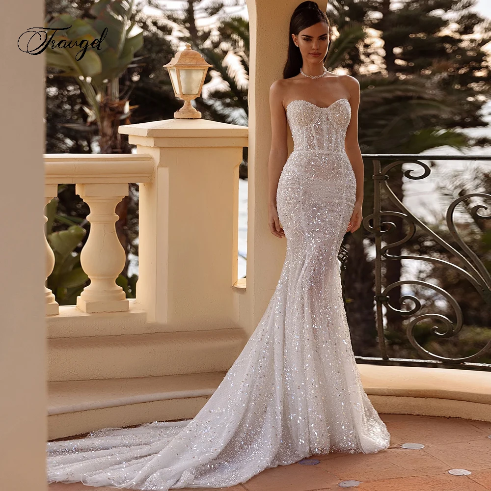 

Traugel Elegant Strapless Beaded Lace Mermaid Wedding Dresses Sexy Backless Court Train Trumpet Bridal Gown