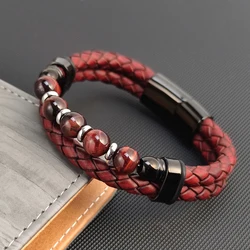 High Quality Multi Layer Braided Rope Leather Bracelet Stainless Steel Men Bangles for Red Natural Stone Charm Women Jewelry