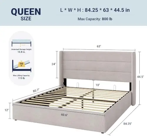 Queen Size Lift Up Hydraulic Storage Bed Frame Light Beige | Modern Wingback Headboard, Hydraulic Support Storage, No