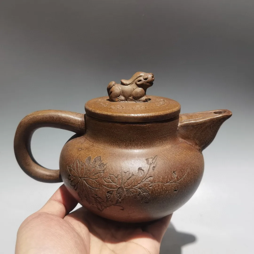 Old Chinese Handicraft Enameled YiXing Zisha (red stoneware) Teapot,Carved Pot style teapot,with mark, Free shipping