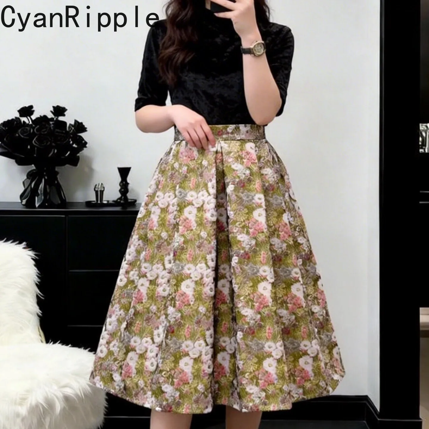 New Spring Autumn Vintage Floral Embroidery Jacquard Mid-length A-line Skirt All-match Women Knee-length Casual Umbrella Skirt