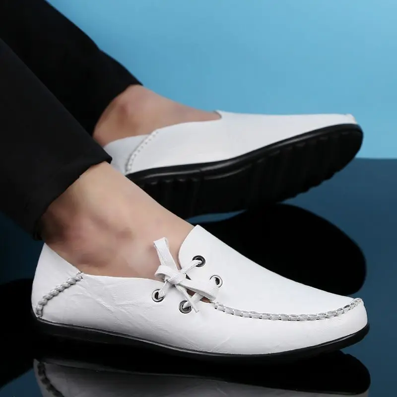 Men Loafers Soft Moccasins High Quality Spring Autumn Genuine Leather Shoes Men Flat Driving Shoes White Soft Folding Bean Shoes