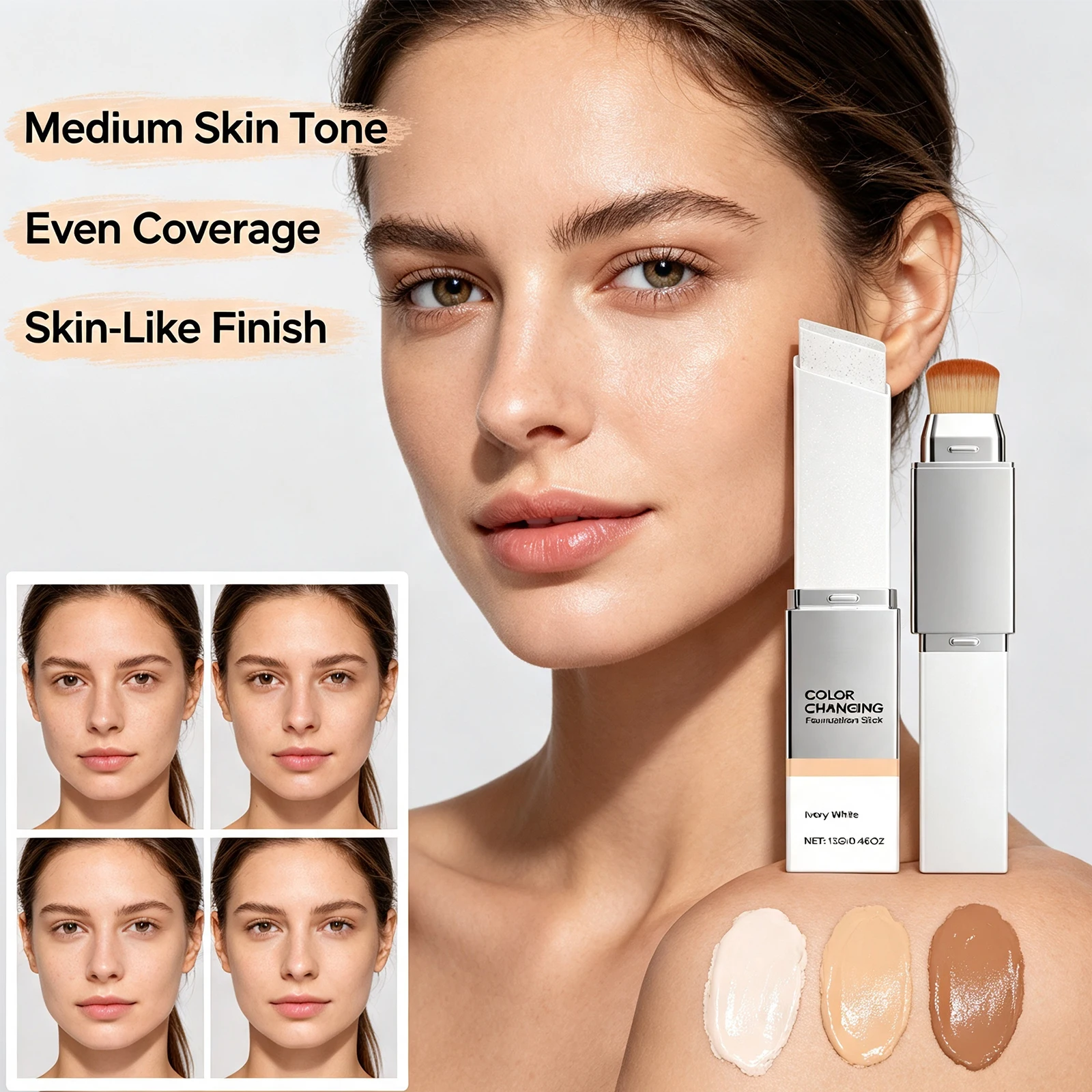 2 In 1 Color Changing Foundation Stick Matte Sheer Lightweight Cream Texture High Coverage Detachable Brush Natural Makeup Base