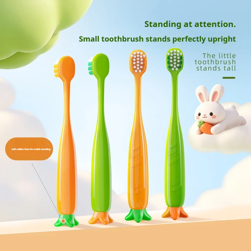 4/2 Sets of Random Color Packs (1 Set of 2 Brushes) Cartoon Carrot-Shaped Handle Children's Toothbrushes for Babies and Students, Suitable for Home Use, Various Settings, and Gift-Giving