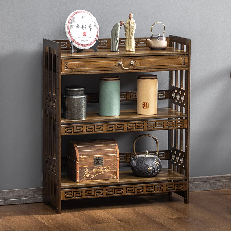 Tea cabinet, small floor to ceiling purple clay teapot, tea set, tea cup holder, desktop storage rack