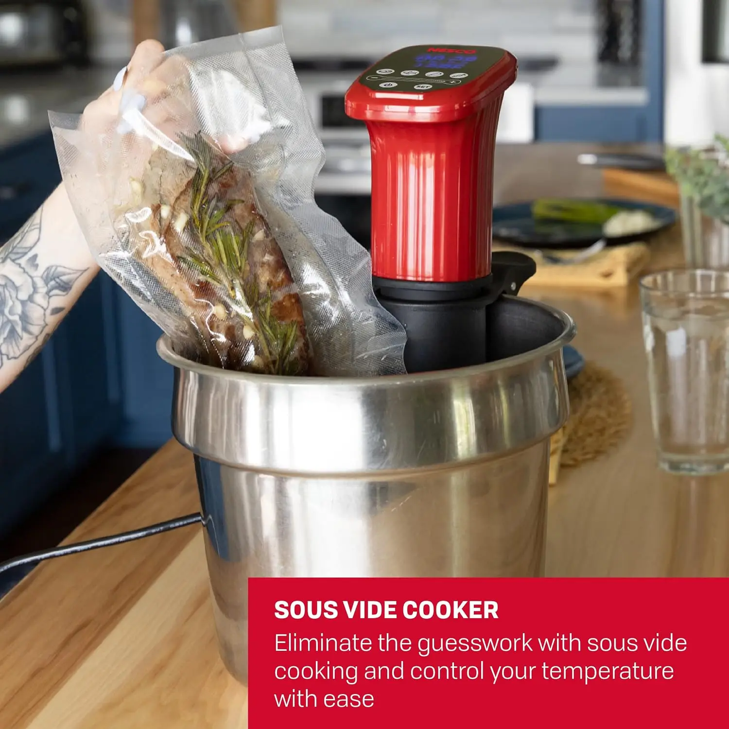 SVC-1000 1000W Sous Vide Cooker, Digital Display, Multi Preset Cooking Programs for Meat, Fish, Chicken, Vegetables, Red Black Color