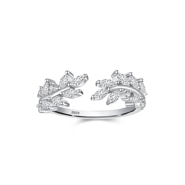 

Elegant Leaves Adjustable S925 Sterling Silver Flash Diamond Ring for Women