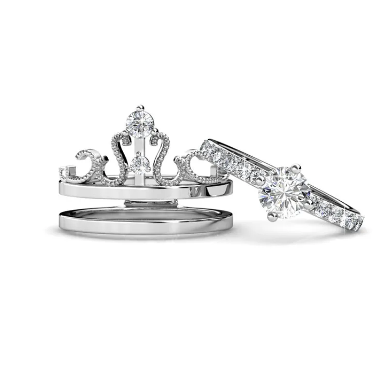 

Daisini 925 Sterling Silver Swarovski Crystals Ring Set Luxury Iced Out Crown Princess Ring for Women Engagement Wedding Jewelry