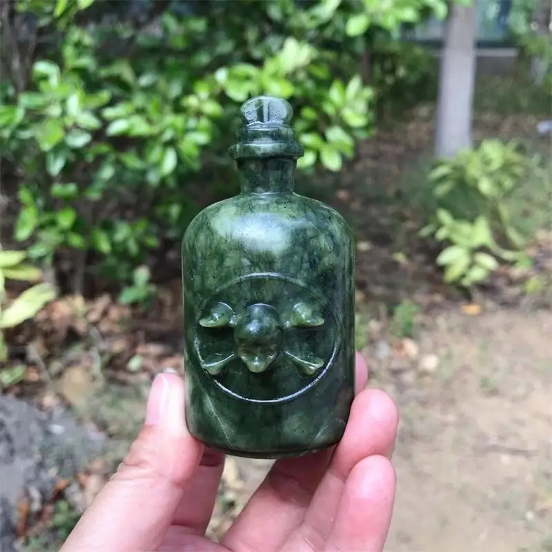 Green Serpentine Stone Hand Carved Skull Bottle Figurine, Gothic Witchcraft Decor, Crystal Storage Jar Desktop Ornament