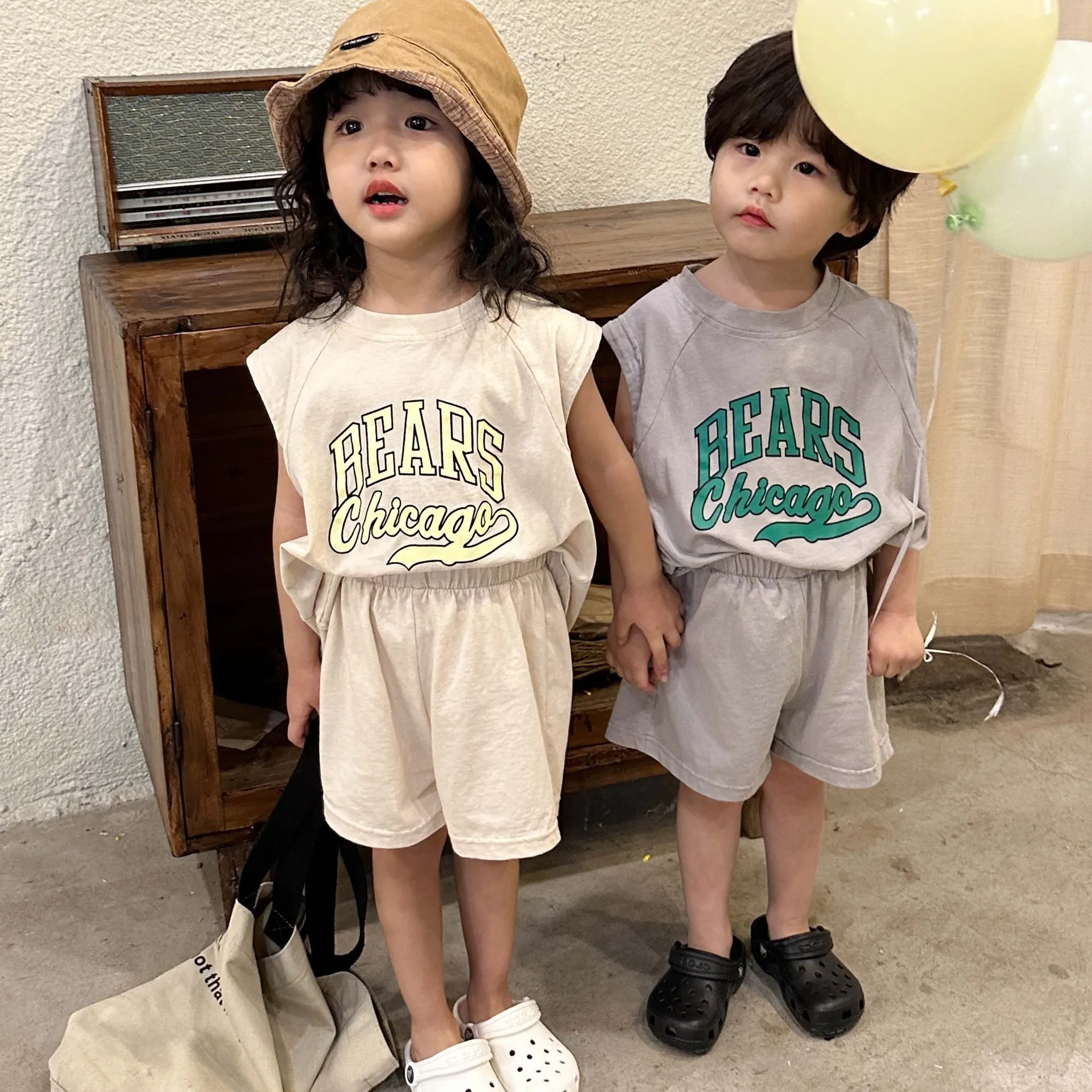 Summer Cool Sets Boys Thin Breathable Vest Fashion Letter T-shirt Children Girl Cotton Tops+ Solid Loose Cotton Shorts Tracksuit