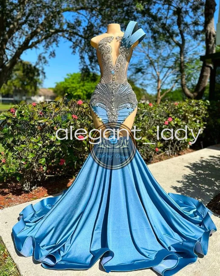 반짝이는 아이스 블루 긴 이브닝 포멀 파티 드레스, 블랙 걸 럭셔리 크리스탈 비즈 시스루 무도회 가운, 2024