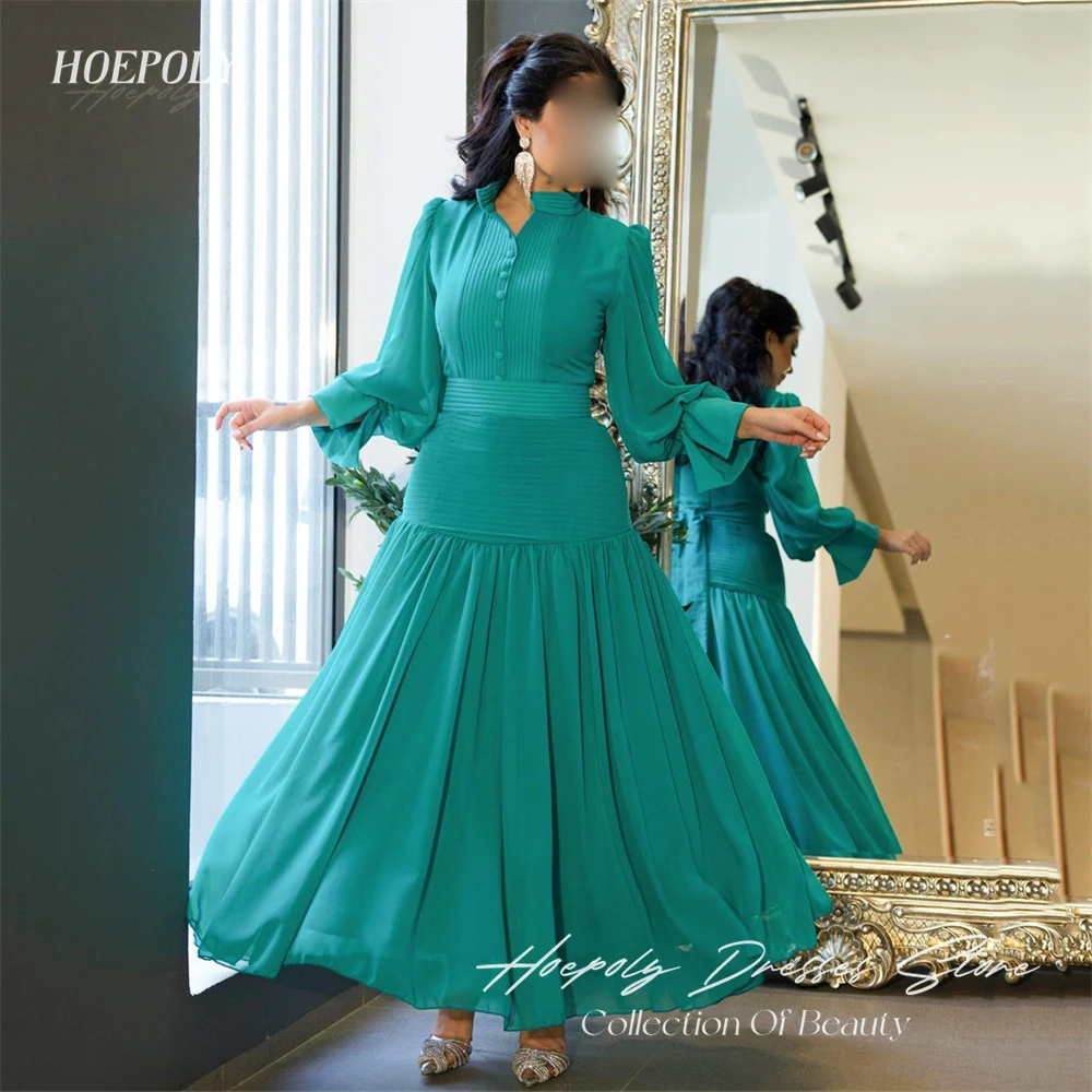 Hoepoly Green Elegant High Neck Full Sleeve Button A Line Evening Dress Ankle Length Pleat Fashion Formal Prom Gown For Woman