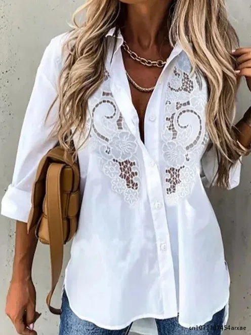 Fashion England Style Solid Lace Shirts Women Office Lady Long Sleeved Chiffon Blouses Hollow Out Elegant Pullovers Tops