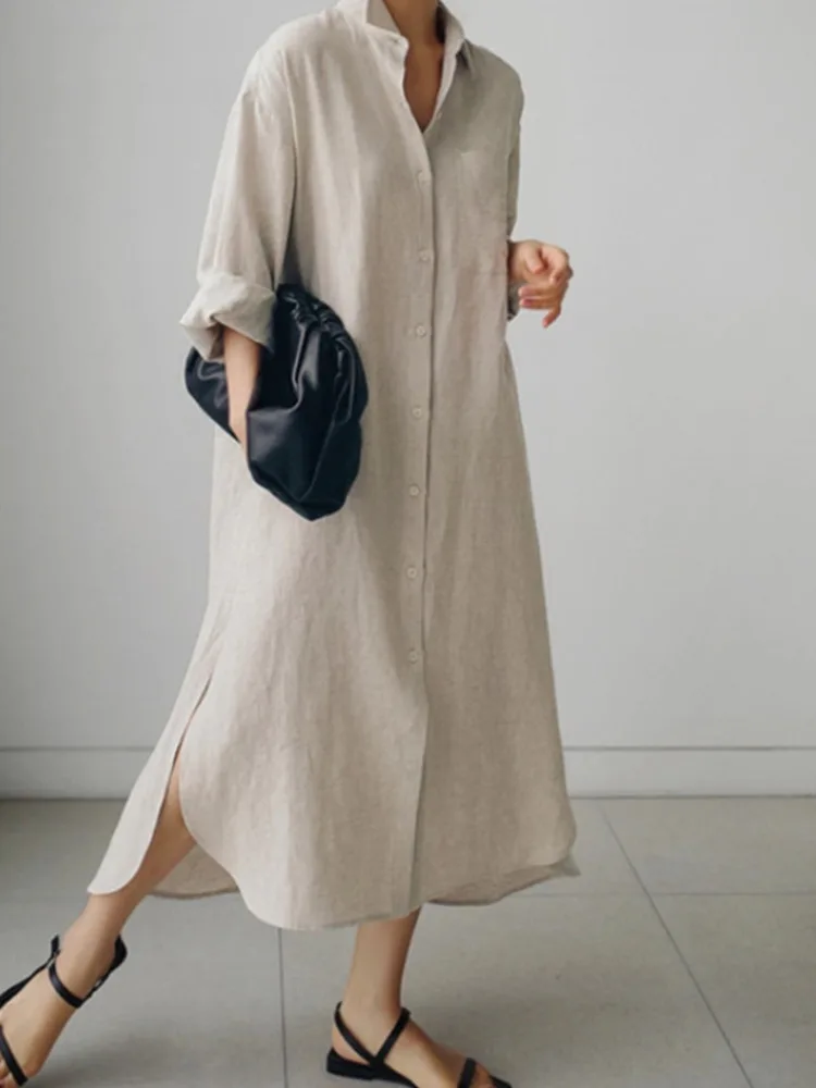 Japan Style Fashion Cotton Linen Shirt Dress Solid Color All Match Long Sleeve Dresses Women 2024 New Spring Autumn