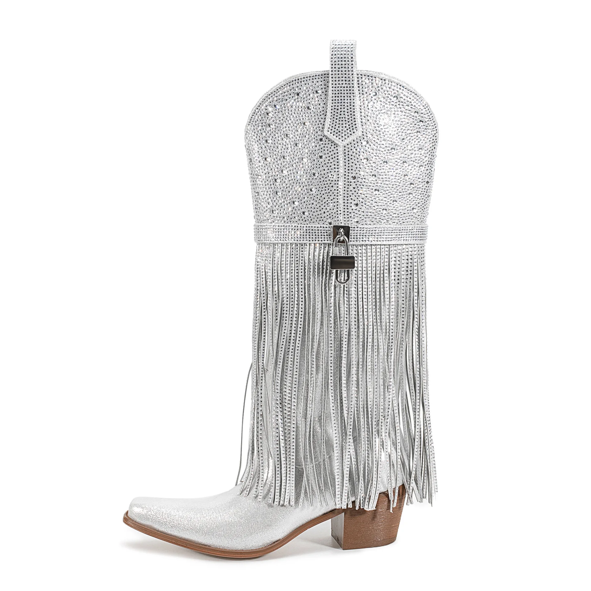 

Rhinestone Boots for Woman Metal Lock Crystal Tassels Fringe Pointed Toe Zip Cowboy Boots Western Shark Luxury Knee High Boots