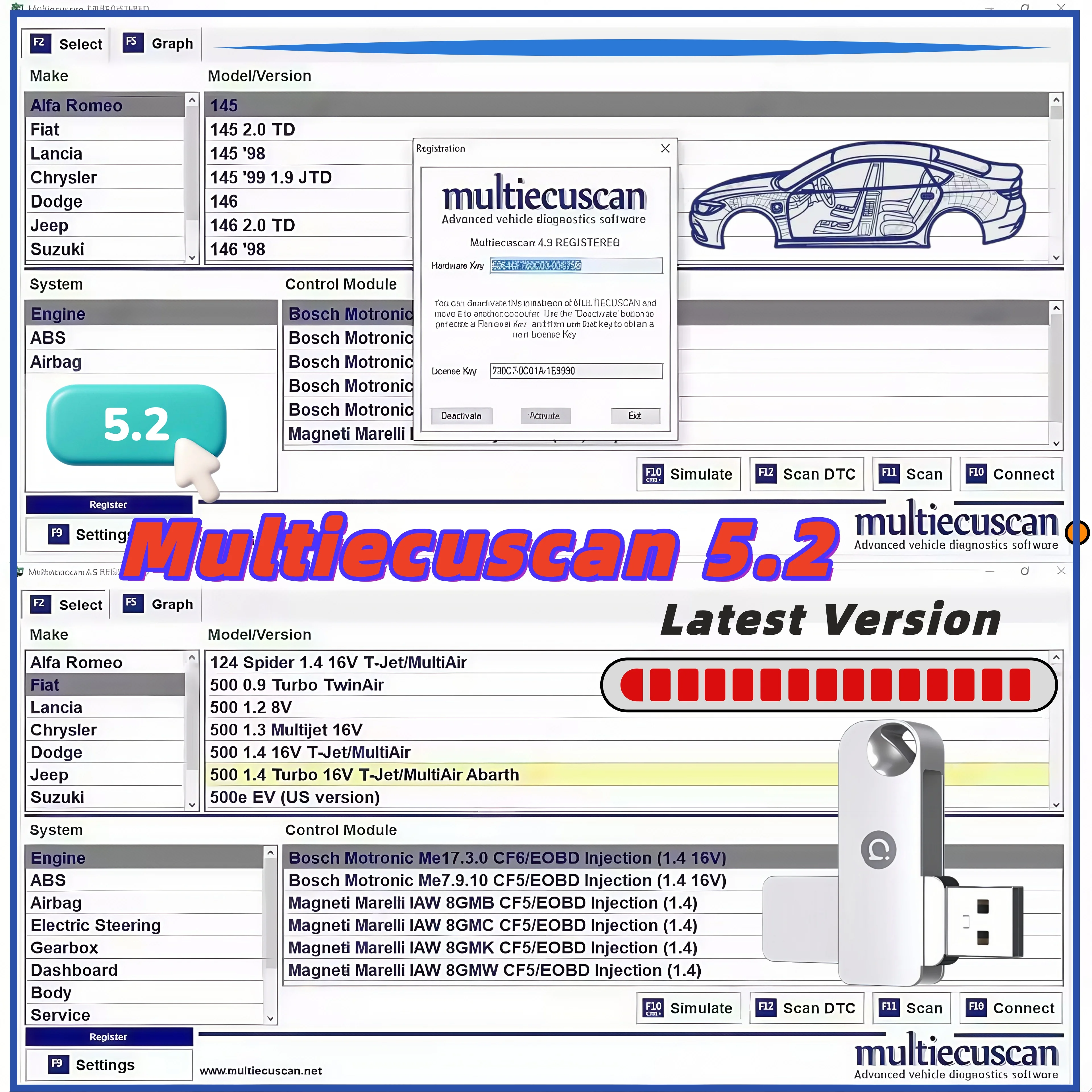 2026 Hot Sale Newest Version Multiecuscan V5.2 Professional Auto Diagnostic Scanner Software Fit Fiat Chrysler Dodge Jeep Suzuki