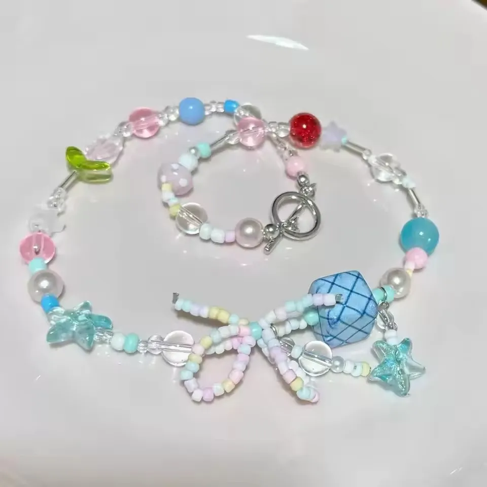 2026 Goth Y2K Süße Schleifenanhänger Bunte Perlen-Choker-Halskette für Frauen und Mädchen Ästhetischer Harajuku-Charm 2000er Schmuck Geschenke
