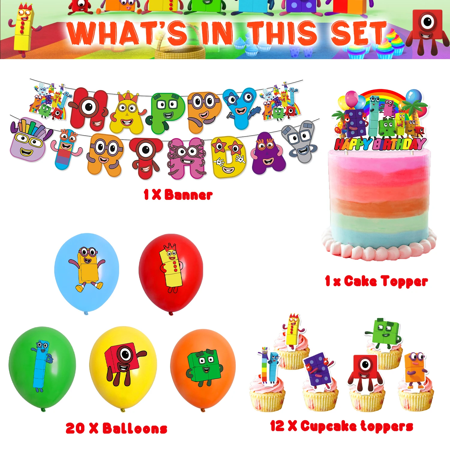 Number Topic Building Block Birthday Party Decoration Set TV Show Latex Balloons  Banner Cake Topper Baby Shower Supplies Gifts