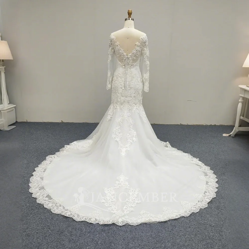 Beach Customized Mermaid Tulle Wedding Dresses Robe De Mariee Long Sleeves V Neck Design Lace Appliques Formal Bridal Gowns