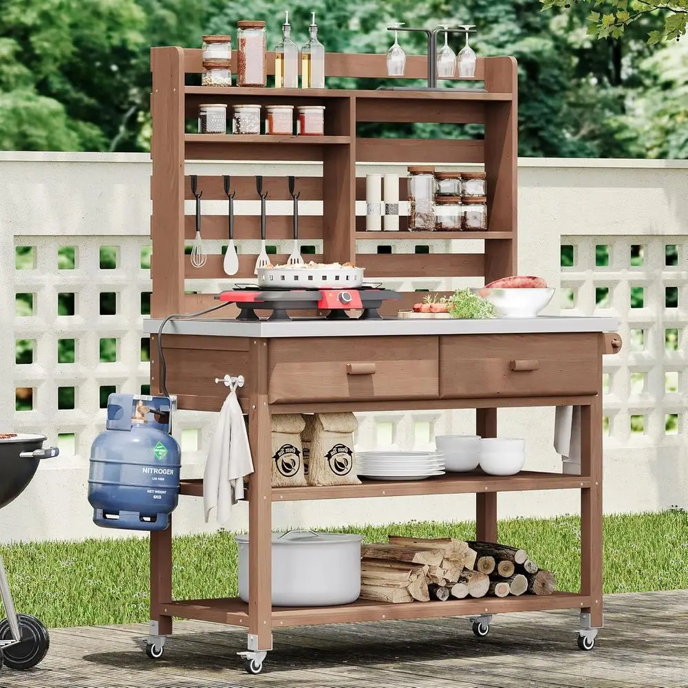 

Outdoor Potting Bench Table with Lockable Wheels, Solid Wood Outdoor KitchenIsland with Upper Hutch, Stainless Steel Top, Towel