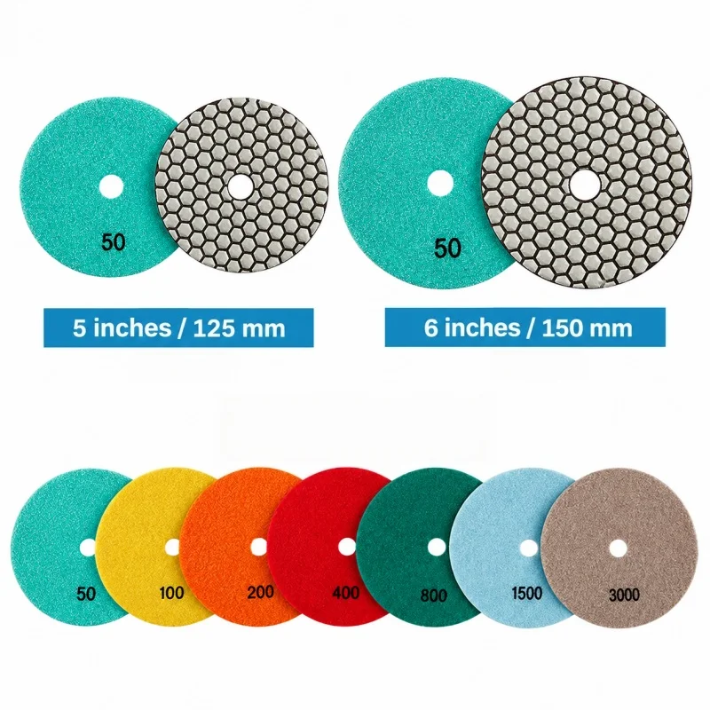 5Inch 6Inch Diamond Dry Polishing Pad 125/150mm Stone Grinding Discs 50-3000 Grit for Granite Marble Terrazzo Polishing