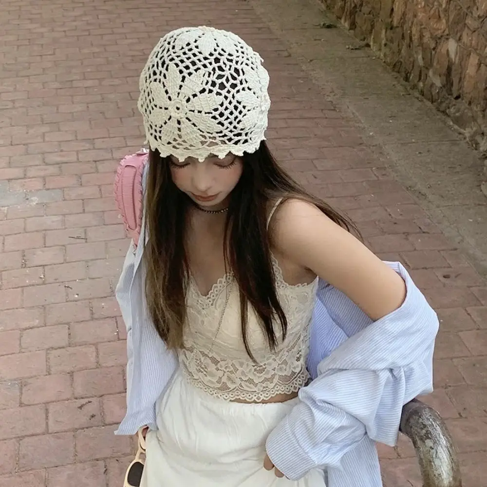 

Cute Handmade Crochet Flower Hat Bohemian Style Thin Hollow Out Knitted Hat Korean Ethnic Style Beanies Hat Girls