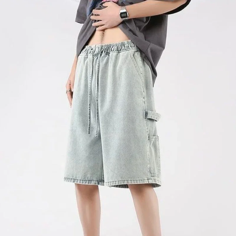 

Man Denim Shorts Long Short Jeans Pants for Men Half Baggy Drawstring with Pockets Wide Bermuda Loose Stretch Korean Fashion Cut
