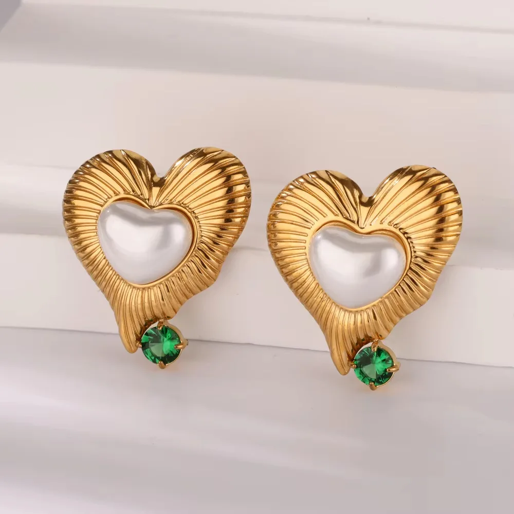 

Stainless Steel Retro Heart Inlaid Green Zircon Irregular Earrings Advanced Heart Earrings Pearl Jewelry for Women Retro Luxury