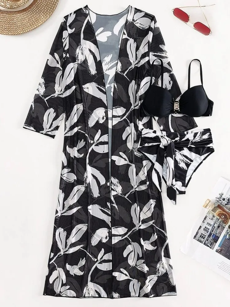 Retro Bikini Printed Fashion Bikini Set Swimsuit And Cover Up With Coat Tight Women's Bandage Summer Beach Luxury Elegant