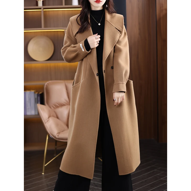 Women's High-end Cashmere Coat, Mid-length, Lace-up, Loose, Over the Knee, Pure Wool, Light, Luxury, New, 2024