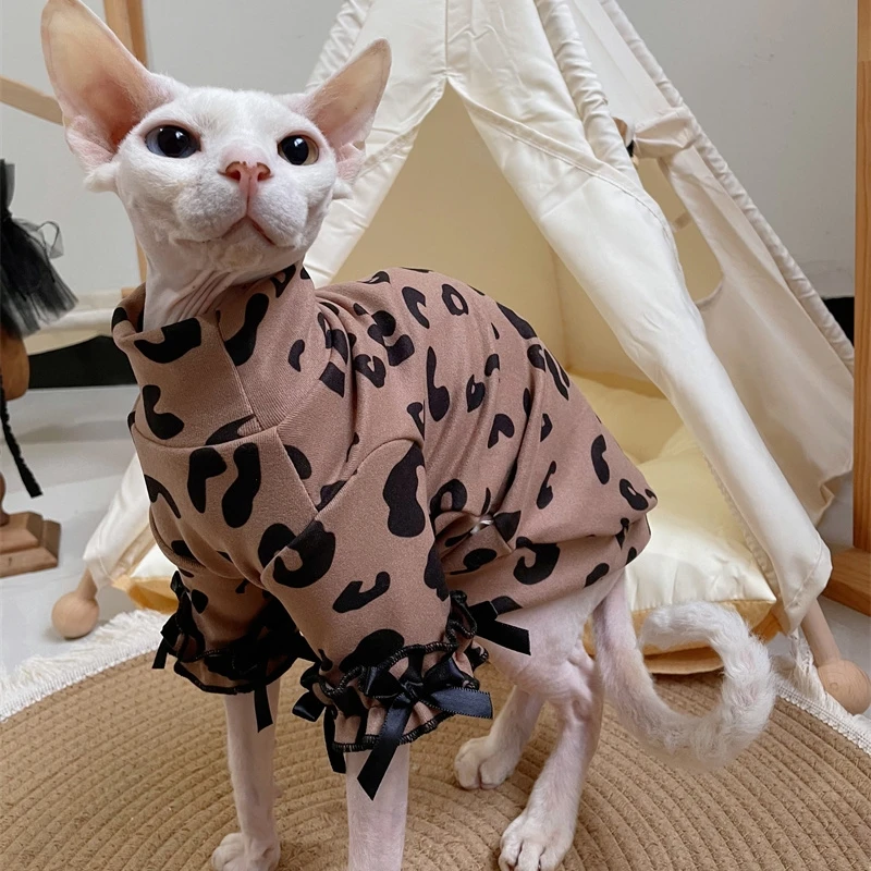 Soft Coffee Jacket for Sphnx Cat Winter Spring Sweet Leopard Cotton Lace Coat For Devon Rex Small Dogs Warm Pajama Cat Supplies