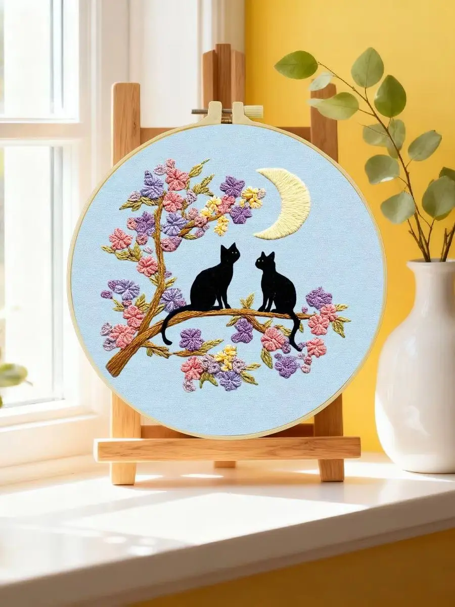 1 Stück 20x20cm/15x15cm 7,87/6,3 Zoll Katzen-Stickerei-Starter-Kit DIY-Kit DIY-Stickerei-Set Handarbeiten Nähkunst-Set für Anfänger – Detail 6