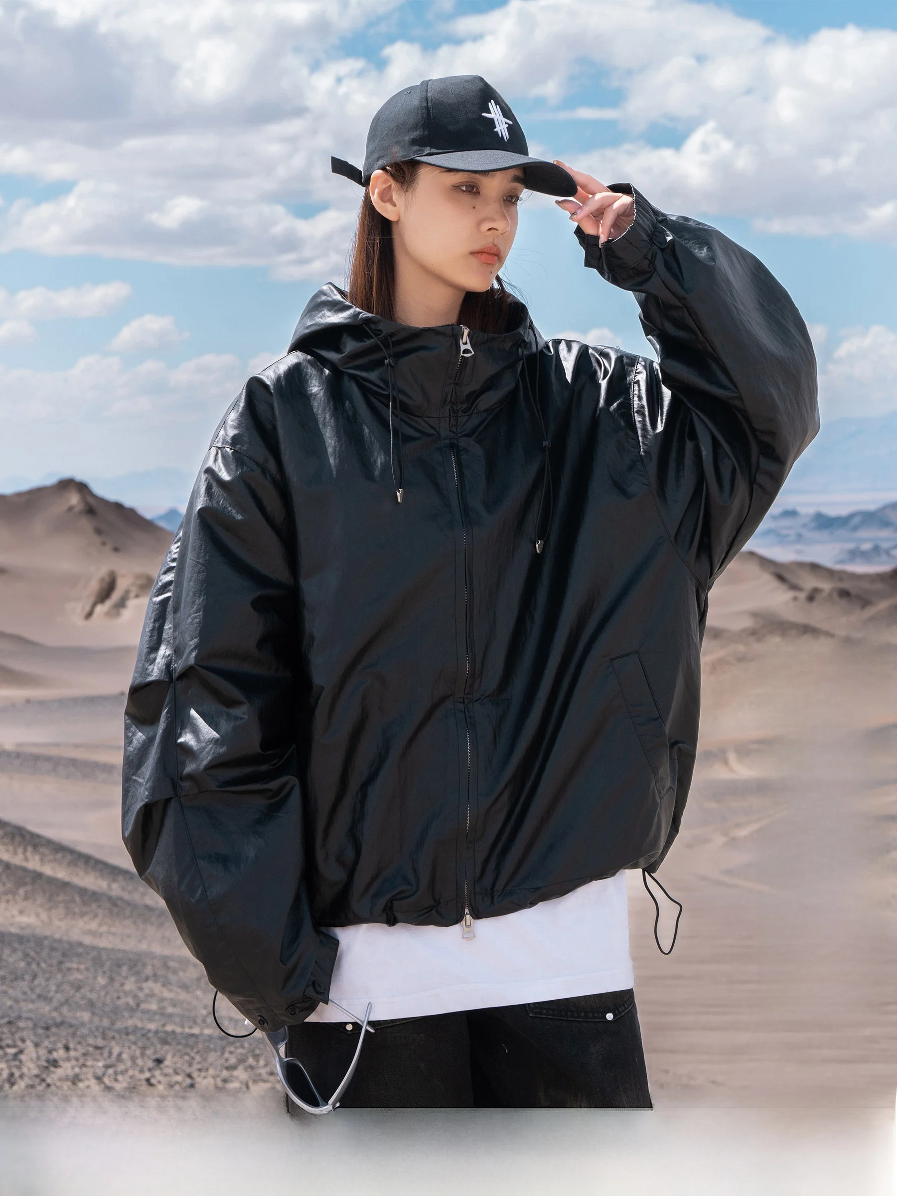 AOGZ Unisex Loose Fit Zipper Hooded PU Leather Jacket Workwear Outerwear for Couples Autumn Winter Youth Fashion Resistant to...